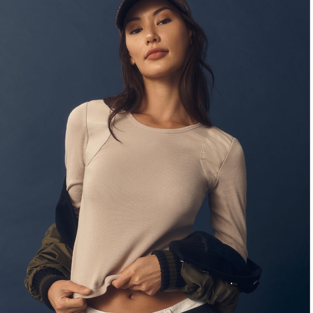 MAEVE Faux Leather-Inset Pullover in Light Sand